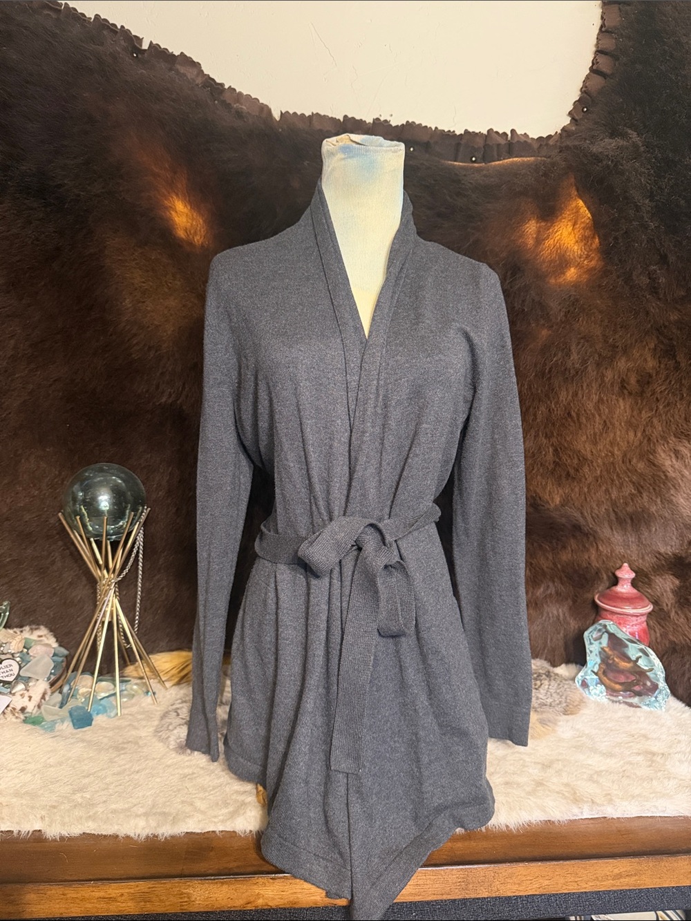 Gray Womens Wrap Robe Cardigan with Belt M (5235)